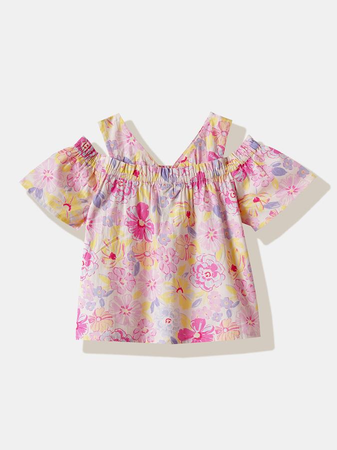 Girls Cotton Regular Fit Scoop Neck Short Sleeve Floral Top