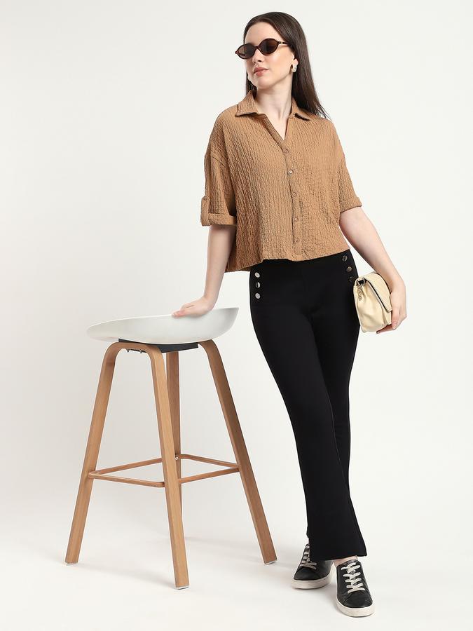 Women Polyester Relaxed Fit Shirt Collar Solid Top