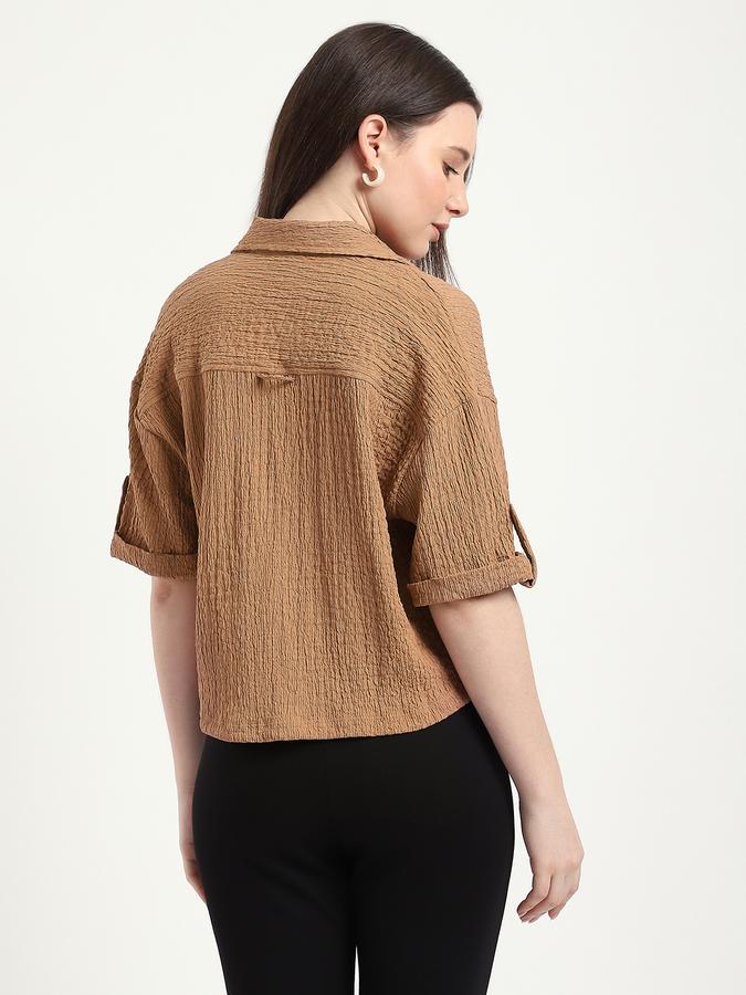 Women Polyester Relaxed Fit Shirt Collar Solid Top