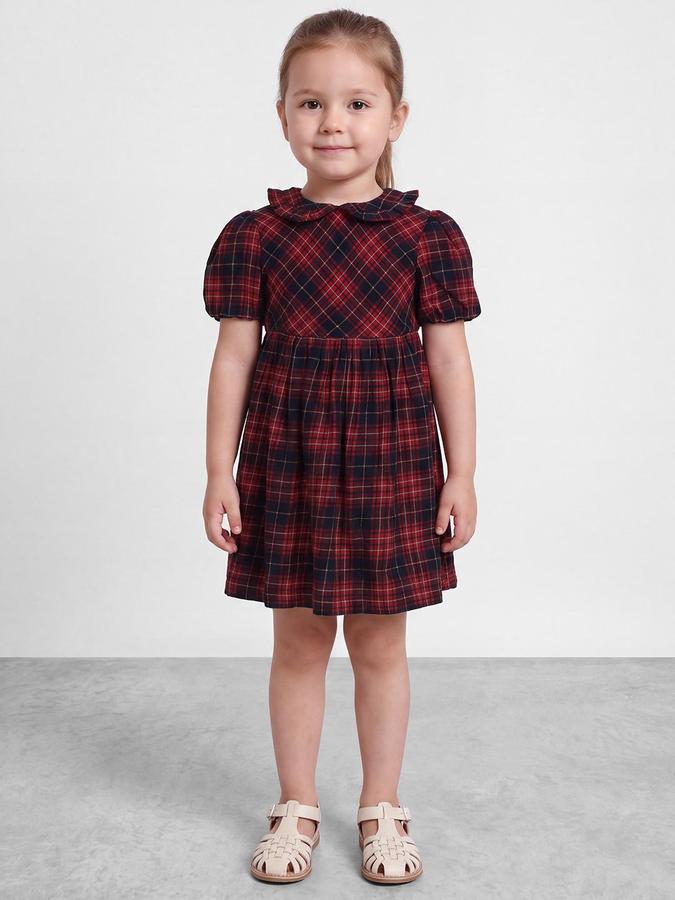 R&B Girls Red Checked Peter Pan Collar Puff Sleeves Fit and Flare Dress