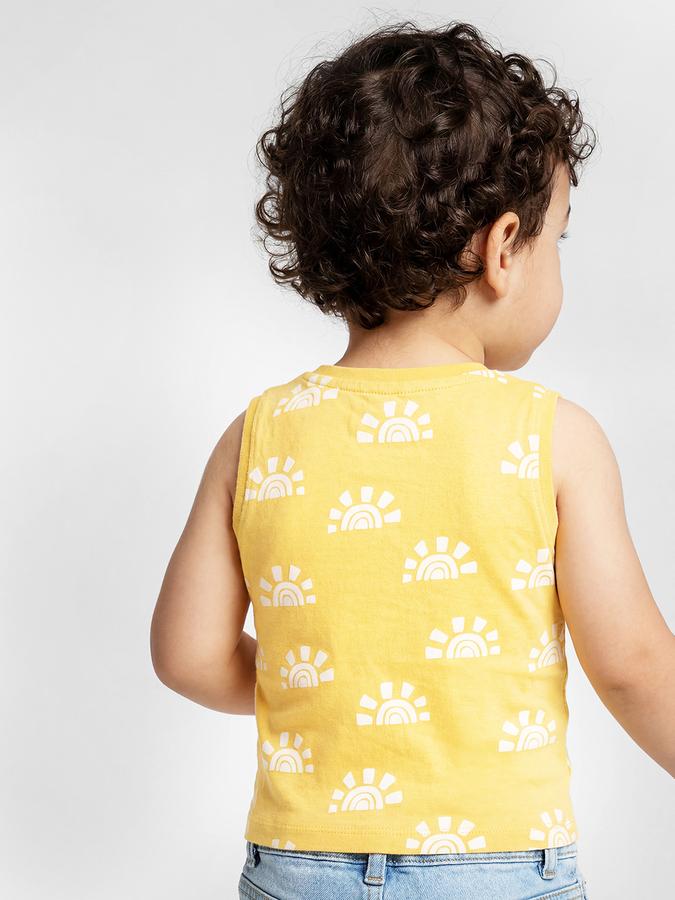 R&B Yellow Graphic Print Boys Round Neck Regular Fit Sleeveless T-Shirt 