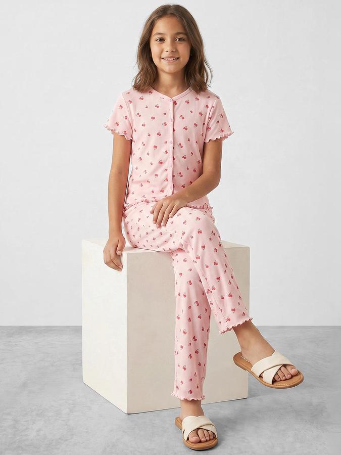 R&B Girls Pink Printed Round Neck Short Sleeves Pure Cotton Shirt &amp; Pyjamas Set