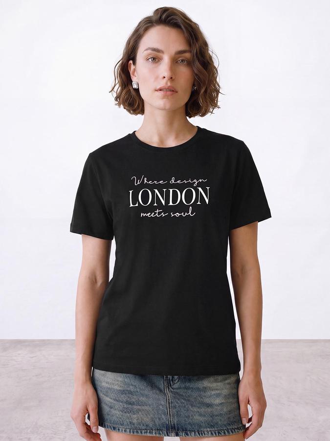 R&B Women Black Short Sleeve Round Neck Typography Graphic Print T-Shirt