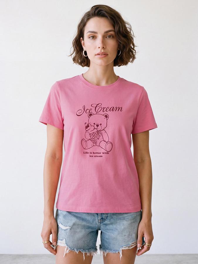 R&B Women Pink Short Sleeve Round Neck Teddy Bear Graphic Print T-Shirt