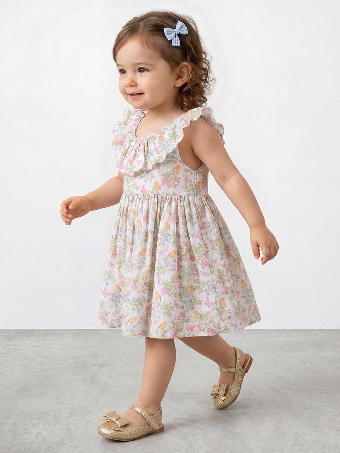 R&B Girl White Floral Butterfy Print Pure Cotton Sleeveless Fit and Flare Dress