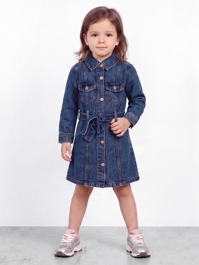 R&B Girls Blue Solid Collared Long Sleeves Denim Shirt Dress