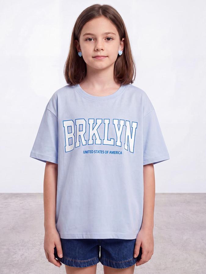 R&B Girls Blue Typography Print Short Sleeves Round Neck Pure Cotton T-Shirt