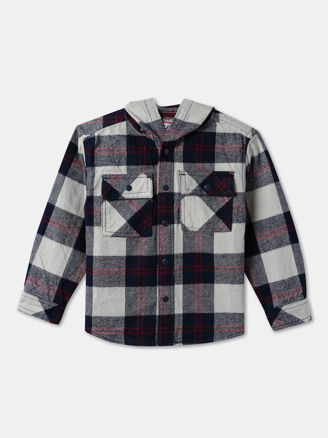 Boys Cotton Regular Fit Long Sleeve Hooded Plaid Shirt