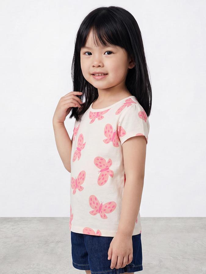 R&B Girls Beige Butterfly Print Short Sleeves Round Neck Pure Cotton T-Shirt