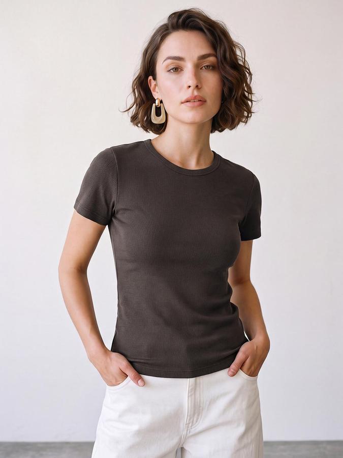 R&B Women Brown Short Sleeve Round Neck Solid T-Shirt