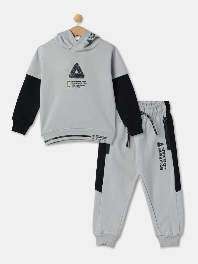 Boys Typographic Print Hooded T-Shirt & Pants Set data-index=