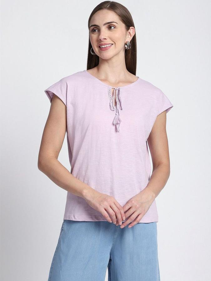 R&B Womens Lilac Solid Round Neck Short Sleeves Top