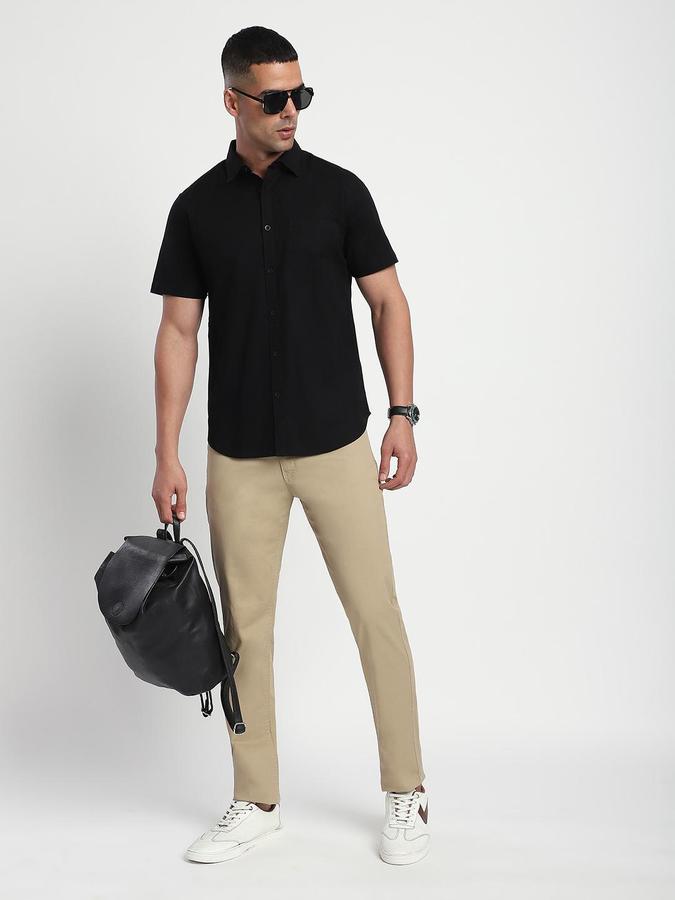R&B Men Black Spread Collar Short Sleeves Solid Shirt