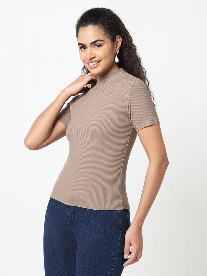 Women Viscose Slim Fit High Neck Ribbed Top