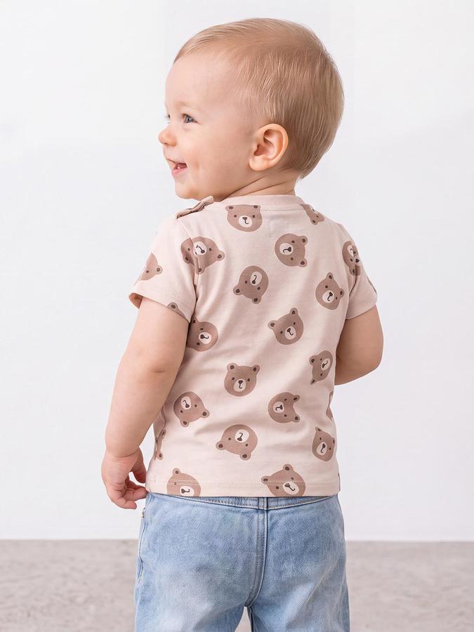 R&B Boys Beige Short Sleeve Round Neck Teddy Bear Printed T-Shirt