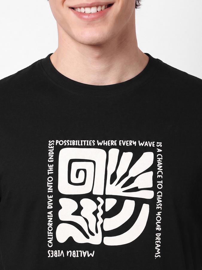 R&B Men Black Graphic Print Short Sleeves Pure Cotton Tshirt