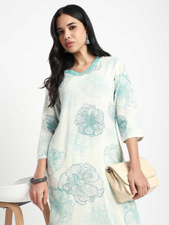 Women Cotton Straight Fit V-Neck Printed Kurta