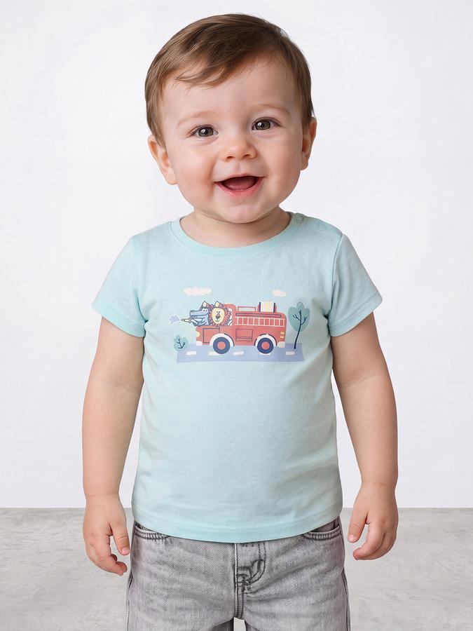 R&B Boys Turquoise Blue Graphic Printed  Short Sleeves Pure Cotton T-shirt
