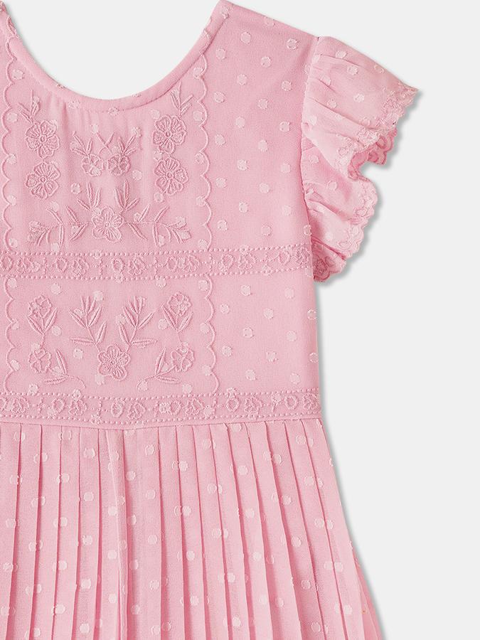 Girls Embroidered Ruffled Round Neck Midi A-Line Dress