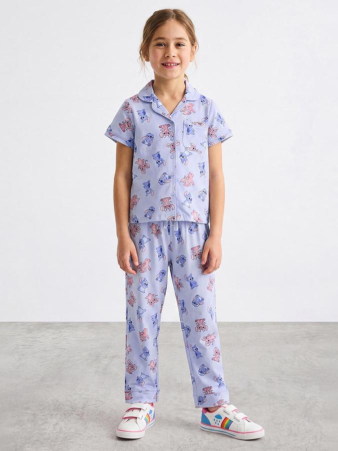 R&B Girls Blue Stitch & Angel Print Resort Collar Pure Cotton Shirt & Pyjama Set