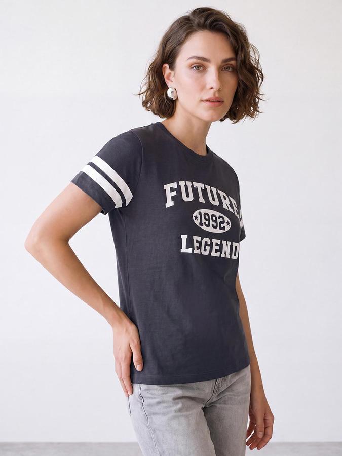 R&B Women Grey Short Sleeve Round Neck Typography Graphic Print T-Shirt