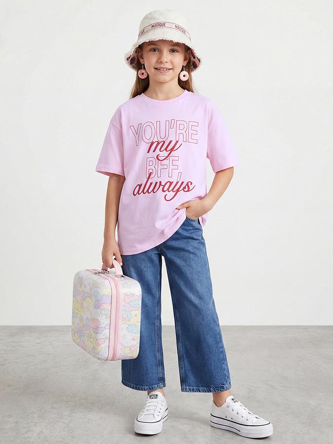 R&B Girls Pink Regular Fit Typography Short Sleeve T-shirt