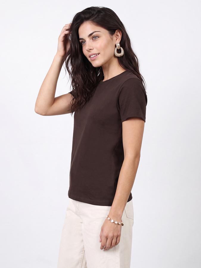 R&B Women Coffee Brown Solid Short Sleeves Soft Touch Tshirt