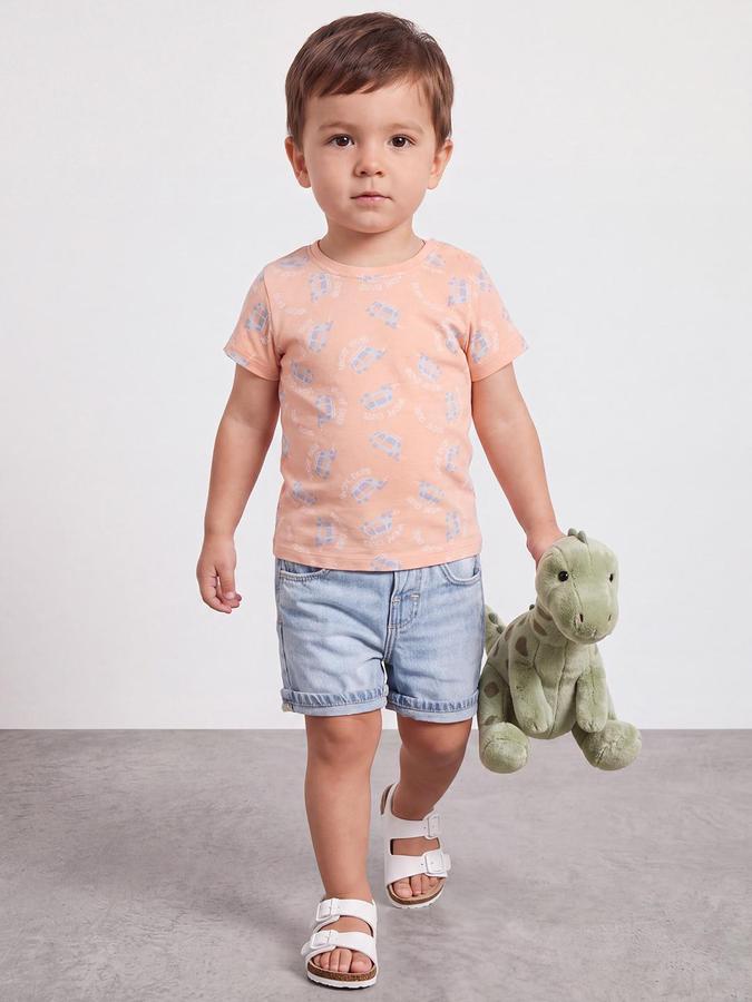 R&B Boys Light Orange Short Sleeve Round Neck Car Graphic Print T-Shirt