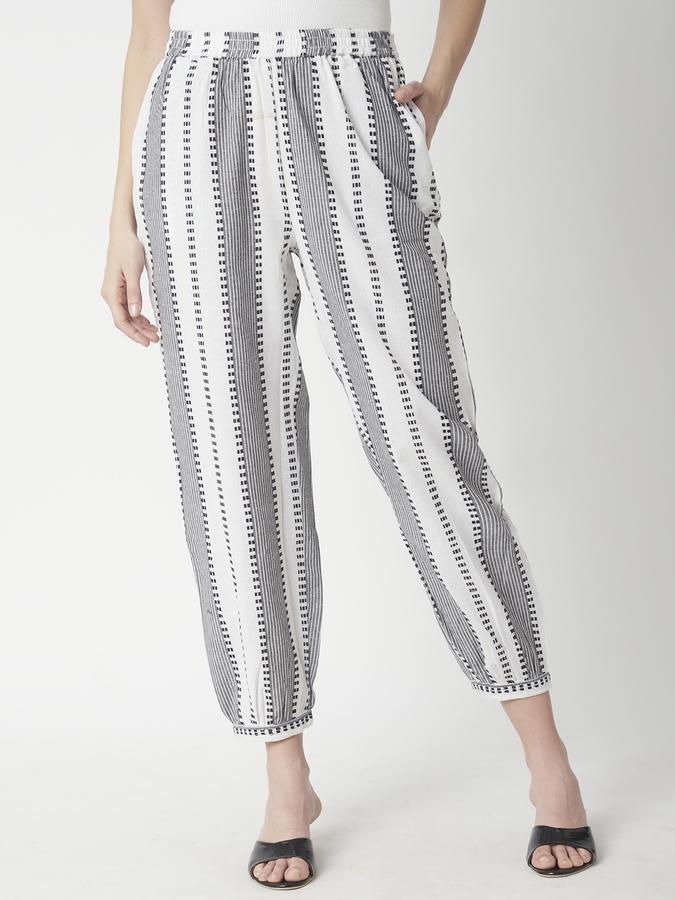 Women Cotton Jogger Elasticated Waist Striped Trousers