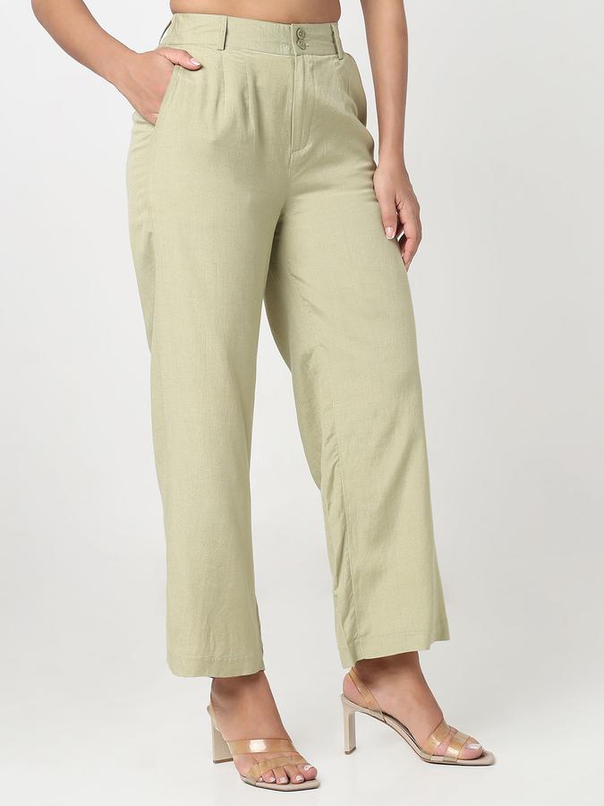 Women Linen Blend Wide Leg High Rise Pleated Trousers
