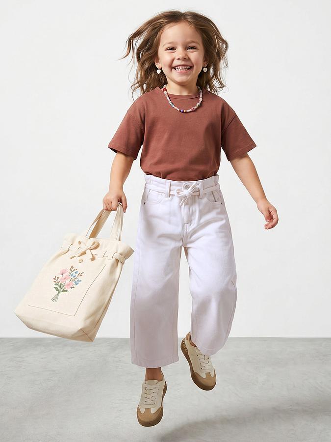 R&B Girls White Wide Leg Solid Mid-Rise Cotton Trouser