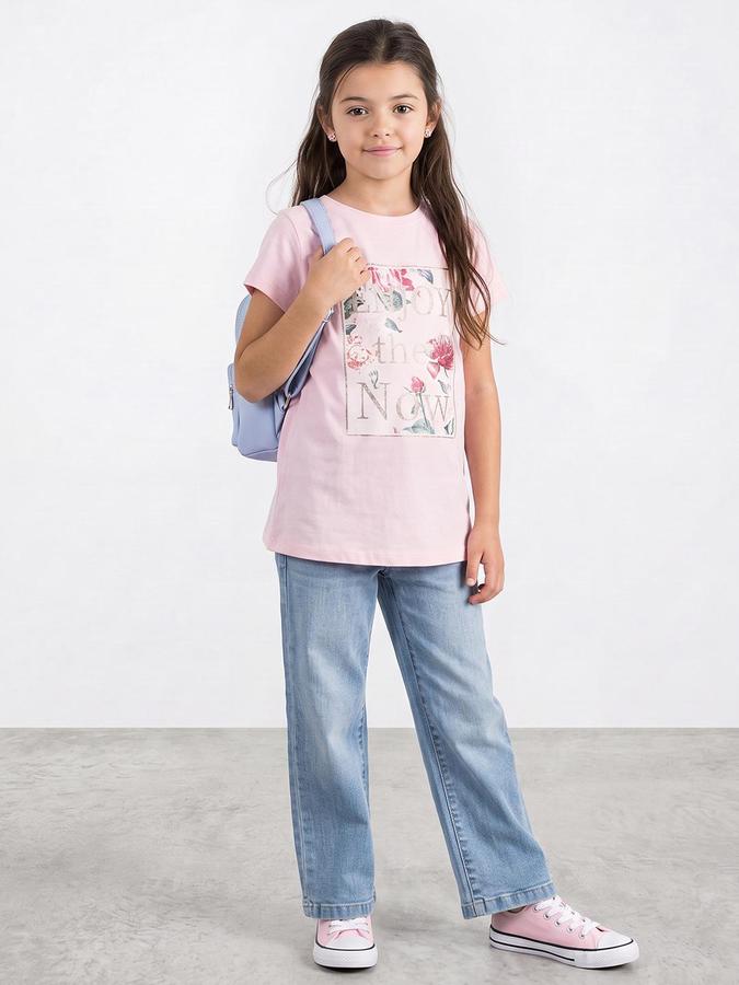 R&B Girls Pink Glitter Graphic Print Short Sleeves Round Neck Pure Cotton T-Shirt