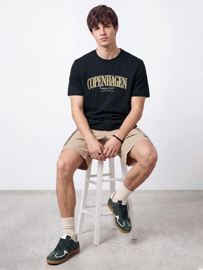 R&B Men Dark Green Typographic Print Short Sleeves Relaxed Fit Pure Cotton Tshirt