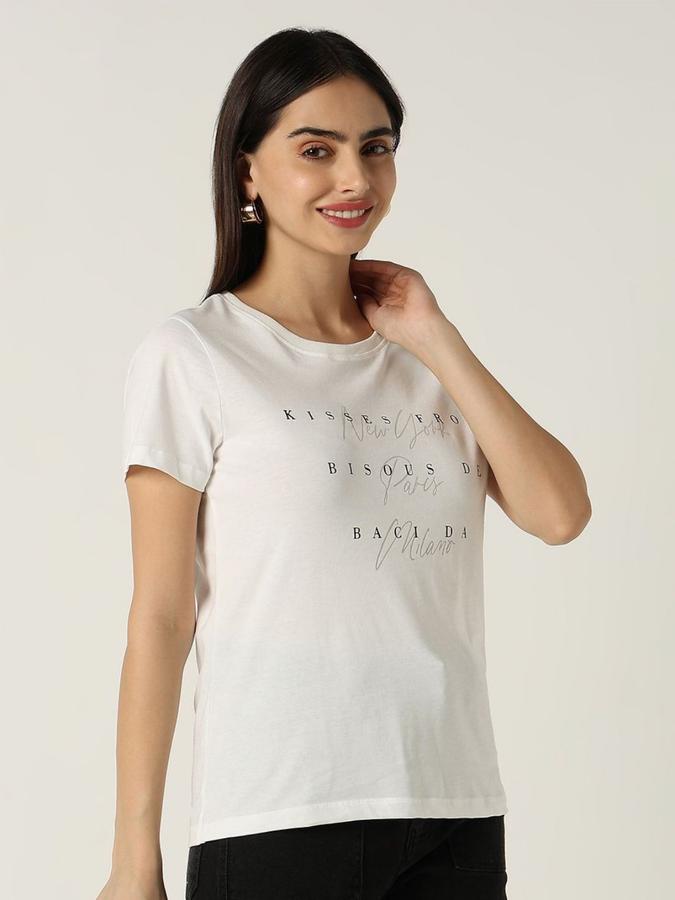 R&B Womens White Typography Printed  Round Neck Short Sleeves T-shirt