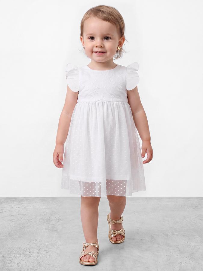 R&B Girls White Flutter Sleeves Floral Embroidery Knee Length A-Line Dress