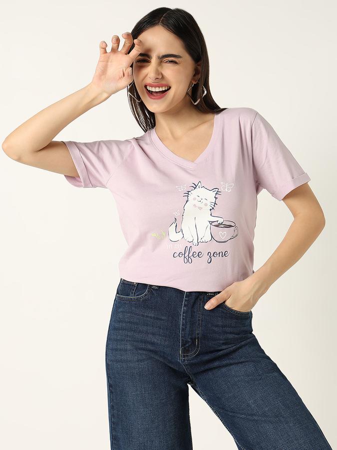 R&B Women Lilac Character Cat Graphic T-Shirt