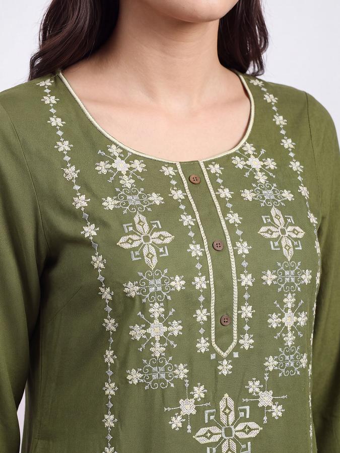 R&B Womens Olive Three-Quarter Sleeves Round Neck Floral Embroidery Straight Kurta