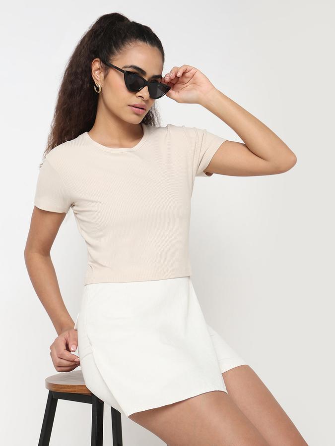 R&B Women Beige Solid Cropped Ribbed Top