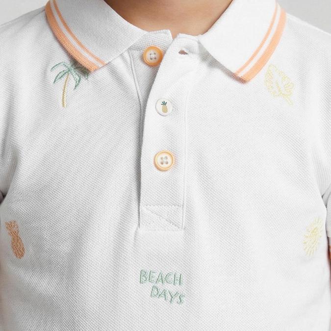 R&B Boy White Cotton Printed Polo Collar T-Shirt