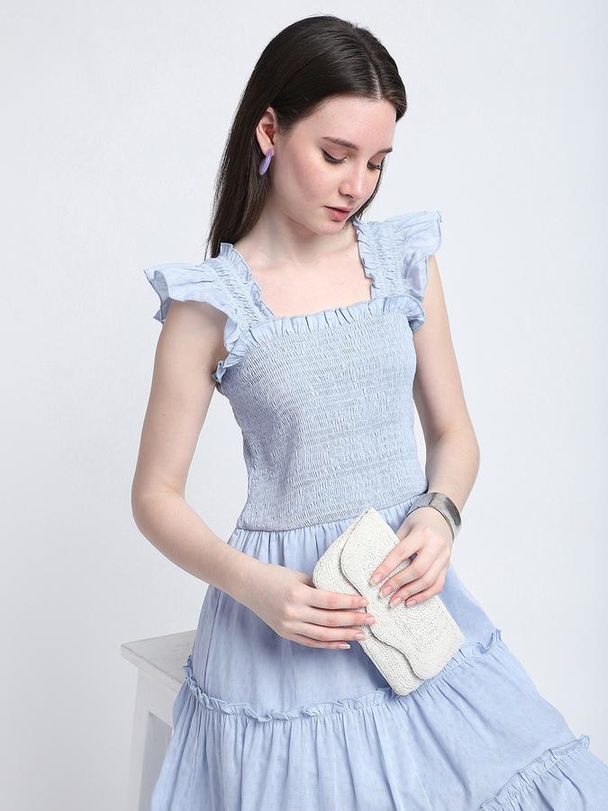 R&B Women Powder Blue Solid Smocked Tiered Dress