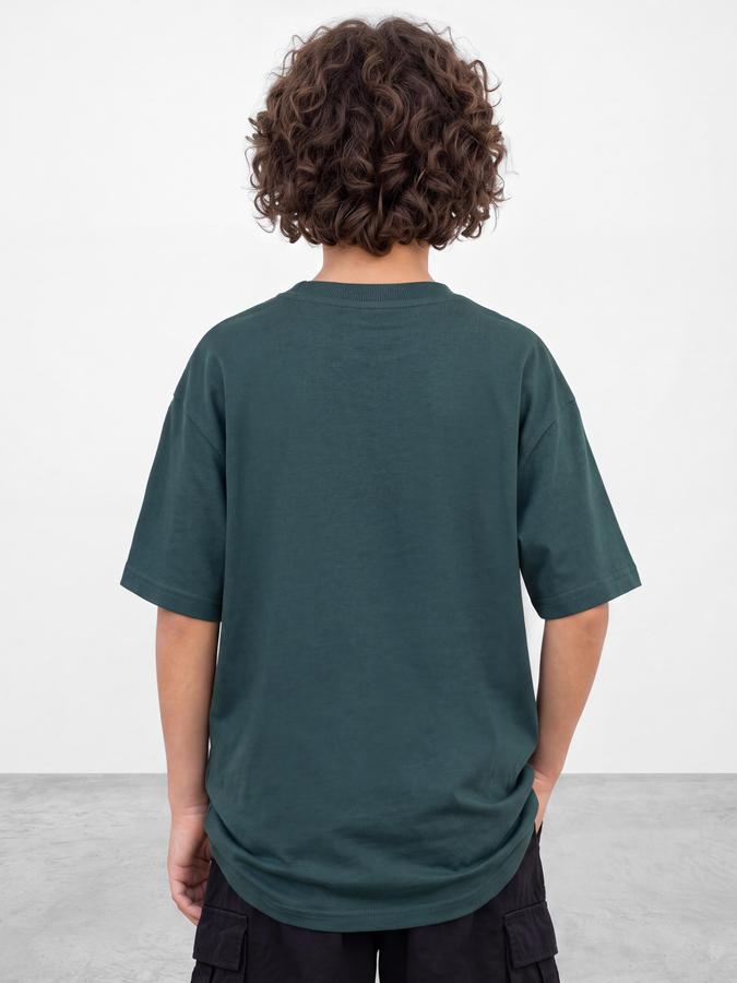 R&B Boys Green Graphic Print Short Sleeves Round Neck Pure Cotton T-Shirt