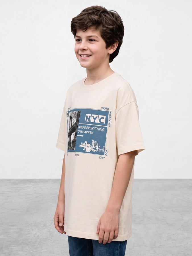R&B Boys Off White Graphic Print Short Sleeves Round Neck Pure Cotton T-Shirt