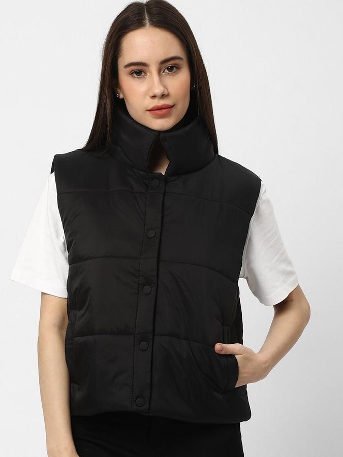 R&B Women Black Sleeveless Solid High Neck Puffer Jacket