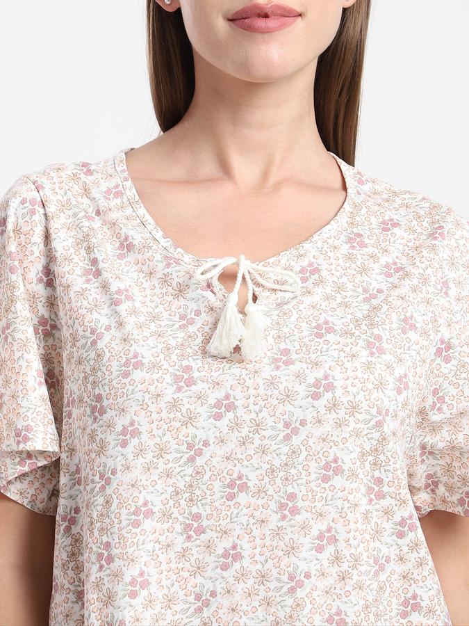 Women Cotton Regular Fit Round Neck Printed Night Shirt