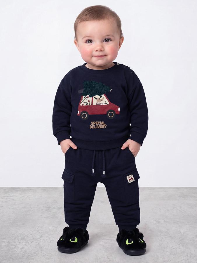 R&B Boys Navy Blue Christmas Car Print Round Neck Sweatshirt and Cargo Pants Set