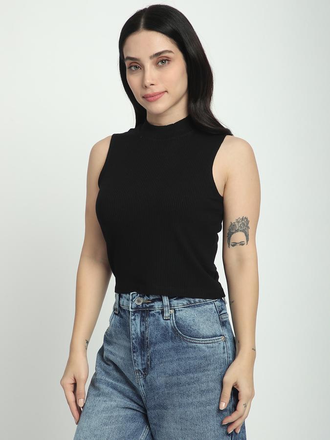 R&B Women Black Solid Sleeveless High-Neck Top
