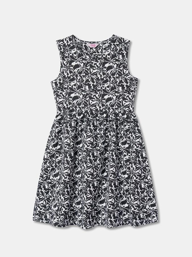 R&B Girls White Floral Sleeveless Round Neck Knee Length A-Line Dress