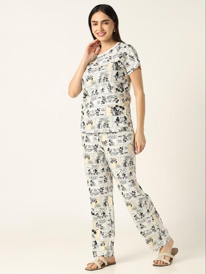 R&B Beige Cartoon Printed Women Night Suit