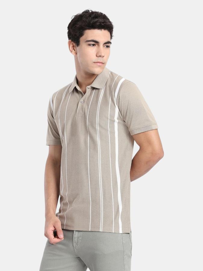 R&B Beige Striped Men Short Sleeve Polo T-shirt