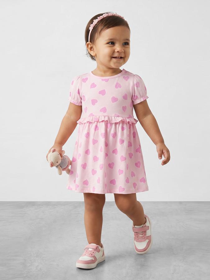 R&B Girl Pink Heart Print Pure Cotton Puff Sleeves Fit and Flare Dress